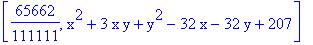 [65662/111111, x^2+3*x*y+y^2-32*x-32*y+207]